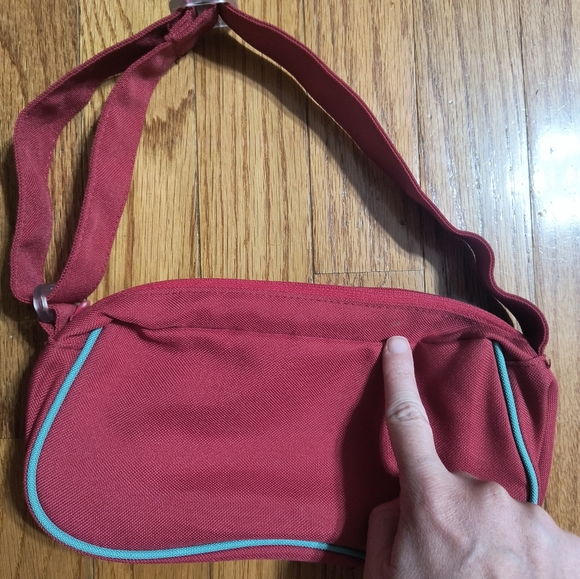 Adidas small mini shoulder bag, 9.5x5x3", pinkish red and aqua/blue color - Picture 8 of 15